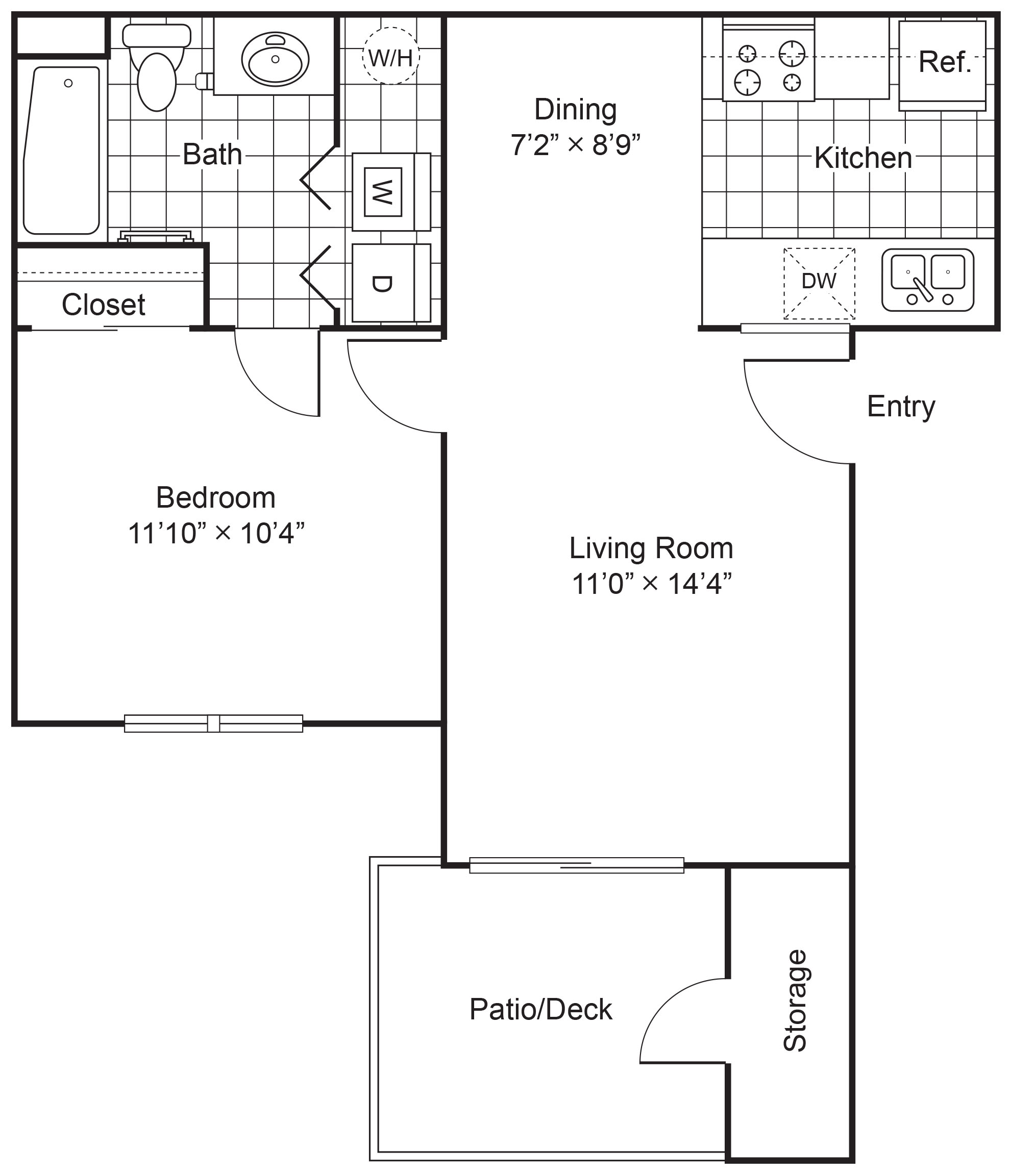 one bedroom one bathroom apartment floorplan
