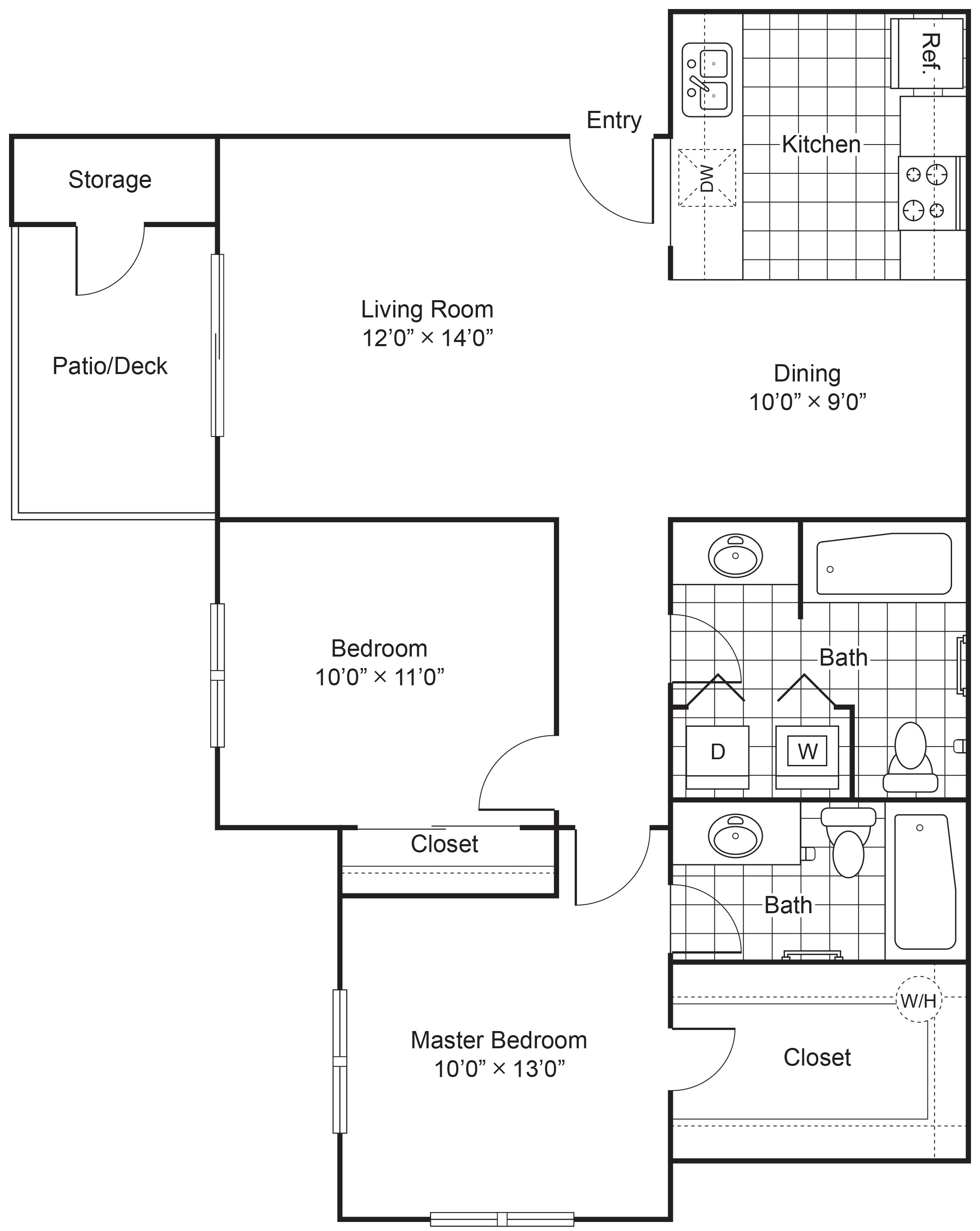 two bedroom two bathroom apartment floorplan